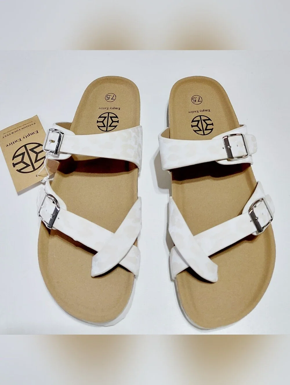 EMPTY ENTIRE Women's White Leopard Buckle Cork Sandals Size 7.5